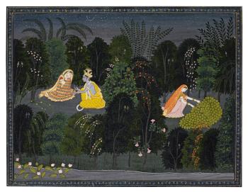 Radha consoled by Krishna in a forest at night by 
																	Purkhu of Kangra