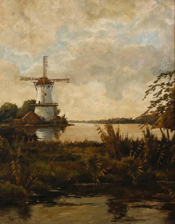 Dutch landscape with a windmill by 
																			Jan van Beek