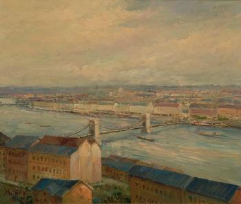 A river with industrial docks and a bridge by 
																			John William Mogan