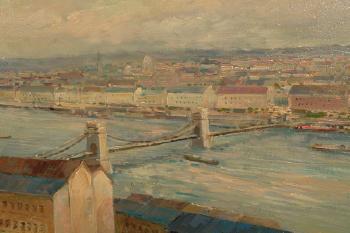 A river with industrial docks and a bridge by 
																			John William Mogan