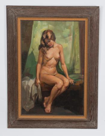 Seated nude in a studio interior by 
																			Antonis Karafyllakis