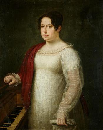 Retrato de la Marquesa de Moscoso, de medio cuerpo, junto a un piano, con una partitura en la mano by 
																	Jose Gutierrez de la Vega