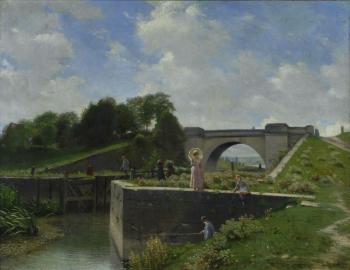 Paesaggio con ponte e figure by 
																	Victor J Renault-Des-Graviers
