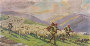 Schafherde und Hirten auf der Wanderschaft by 
																	Dionisio Baixeras y Verdaguer