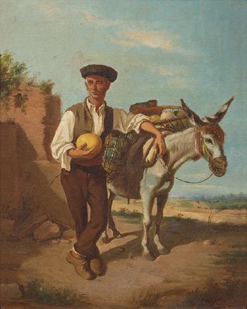 Labriego andaluz junto a una mula cargando melones by 
																	Manuel Cabral y Aguado