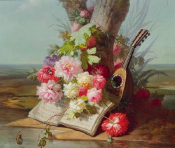 Peonies, score and lute at the base of a tree by 
																	Albert Raoux