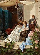 Quatre jeunes femmes conversant sur un balcon by 
																	A Harppignia