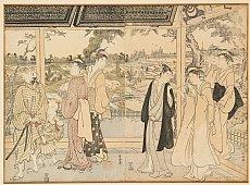 Groupe de personnages sous le portique du temple by 
																	Shunman Katsugawa