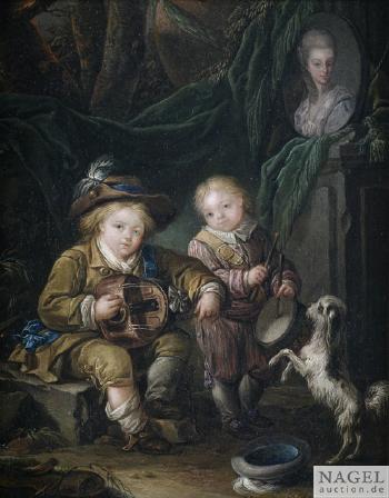 Bildnis zweier Kinder als Musikanten vor einem Bildnis ihrer Mutter by 
																	Jacques Fabien Gautier d'Agoty