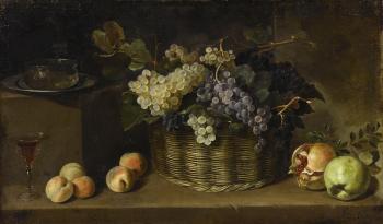 Still Life With A Basket of Grapes, Peaches, An Apple, A Pomegranate, And Tableware by 
																	Pedro de Camprobin