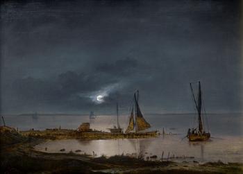 Mondscheinlandschaft an Küste mit Segelbooten by 
																	Frederik Michael Ernst Fabritius de Tengnagel