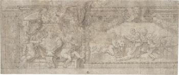 Entwurf zu einer Wanddekoration mit der Büste eines römischen Kaisers, Fruchtgirlanden und Putti auf einem Löwen reitend by 
																	Bernardino India