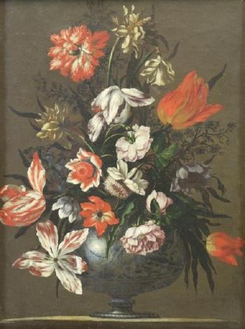 Floral Still life of tulips, roses, carnations, chrysanthemums and daffodils in a blue and white ceramic vase, upon a stone plinth by 
																			Francesco Mantovano