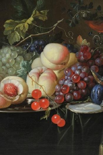 Still Life with Fruit, Oyster, Walnut and Wine Glass on a Draped Wooden Ledge by 
																			Harmen Loeding