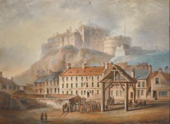 View of Edinburgh Castle from the Grass Market by 
																	John Claude Nattes