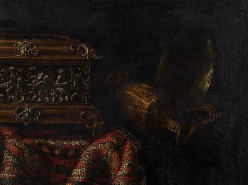 Still Life with Carpet and Chest by 
																			Francesco Noletti