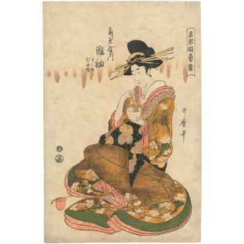 La courtisane Tagasode de la maison Kado-Tamaya, préparant le thé by 
																	Kitigawa Utamaro II