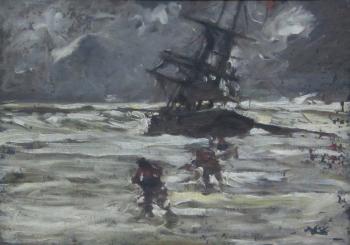 Unloading a sailing vessel in stormy seas at Staithes by 
																			Joseph Richard Bagshawe