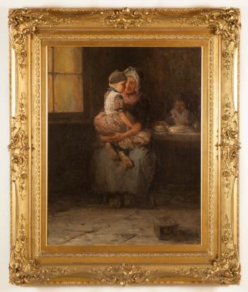 Mother and children, an interior scene by 
																			David B Walkley