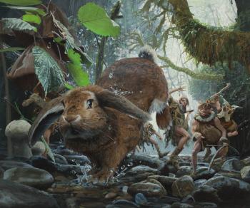 Rabbit fending off a group of dwarf hunters, larger than life-size forest scene by 
																			Michael Pangrazio