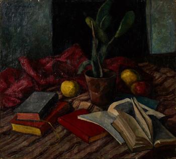 Still Life With Cactus; Books And Apples by 
																			Max Neubock
