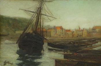 Ship in harbor by 
																			James Guthrie
