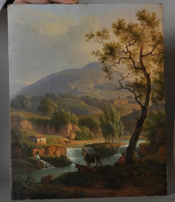 A Mountainous River Landscape, with a Resting Drover and Cattle in the foreground by 
																			Martin Verstappen