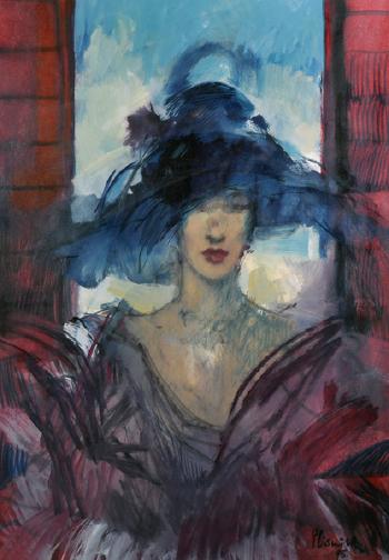 An Elegant Lady wearing a Extravagant Hat, Standing between Two Pillars by 
																			Robert Plisnier