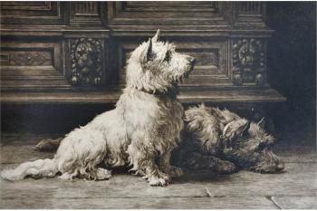 Footsteps, an Interior with Terriers by 
																			Herbert Dicksee