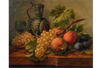 Still Life of Fruit, Jug and Wine Glass on a Ledge by 
																			Leon Lahogue