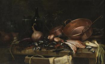 Still Life Seafood and Fruit with Coppers by 
																	L de Lameilliere
