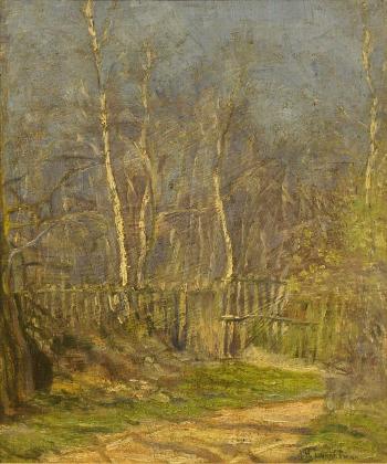 A woodland track in spring by 
																	John Henry Twachtman