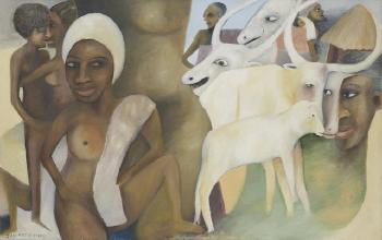 Village scene with women and cattle by 
																	Jak Katarikawe