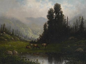Deer watering; In Marin Co., California (a group of two) by 
																	Carl Henrik Jonnevold