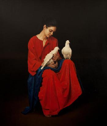 Girl with a pair of doves by 
																	Angelos Panayotou