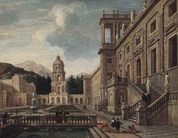 The courtyard of a fantastical palace with figures gathered around a fountain by 
																	Jakob Ferdinand Saeys