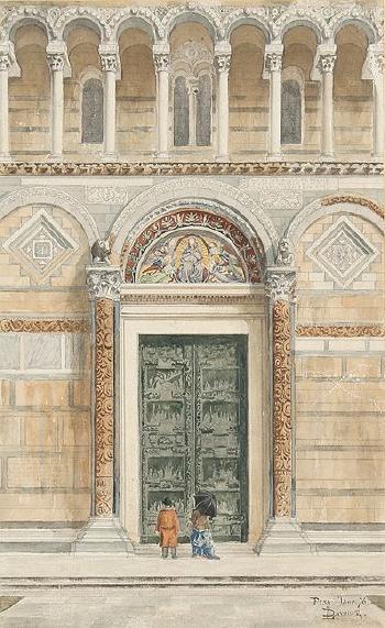 Besucher vor dem Portal des Doms Santa Maria Assunta in Pisa by 
																	Leon Louis Davoust