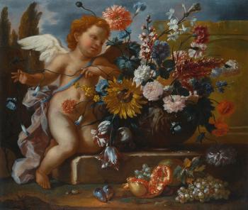 Still Life of Flowers in an Urn with a Putto on a Stone Ledge by 
																	Franz Werner Tamm