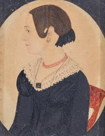 Miniature Portrait of Woman In Black Dress With Lace Collar Wearing Red Necklace by 
																	Justus Dalee