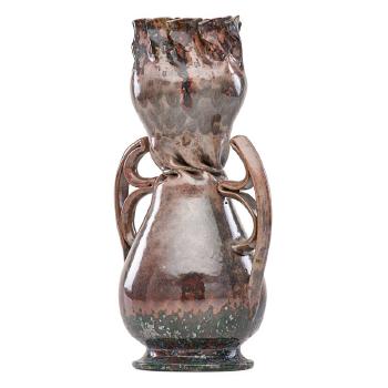 Large vase with ribbon handles, in-body twist, and ruffled rim by 
																			George Edgar Ohr