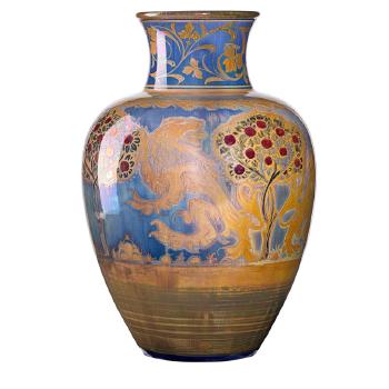 Massive Royal Lancastrian vase with lions and apple trees by 
																			 Pilkington Royal Lancastrian Co