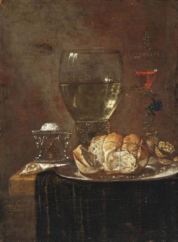 Draped Table Top Still Life with Plate, Bread and Fruit by 
																	Johann Friderich Yauber
