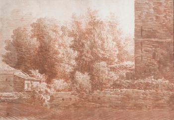 Paysage à la Pergola et grands Arbres by 
																	Joseph Benoit Suvee