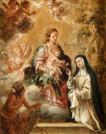 Visión de Santa Rosa de Lima con la Virgen y el Niño e indio venerándola junto al blasón de la ciudad de Lima by 
																	Juan de Valdes Leal