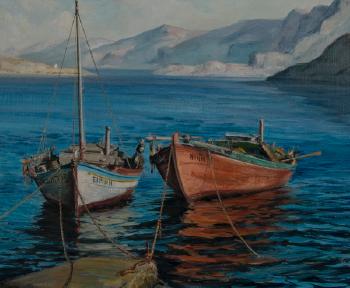Two boats in Greek harbor by 
																			Antonis Karafyllakis