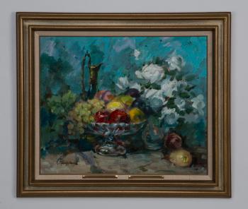 Vibrant still life of a bowl of fruit, a wine jug and a vase of white flowers by 
																			Antonis Karafyllakis