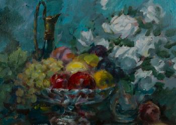 Vibrant still life of a bowl of fruit, a wine jug and a vase of white flowers by 
																			Antonis Karafyllakis