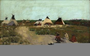 Indians and teepees in a rolling hill landscape by 
																			Benjamin Raborg