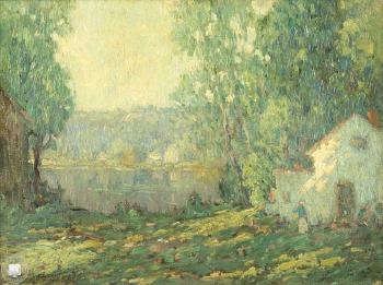 A Summer Morning, figure in front of a cottage in sunlight by 
																			George J Stengel