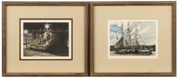 Two works: Sumo, nocturnal harbor scene with boat and Off the Days, a three masted ship in Mystic Harbor by 
																			Louis Stephen Gadal
